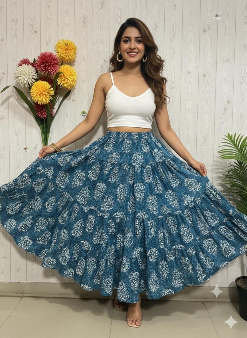 Tiered Cotton Blue Tista Indian Skirt