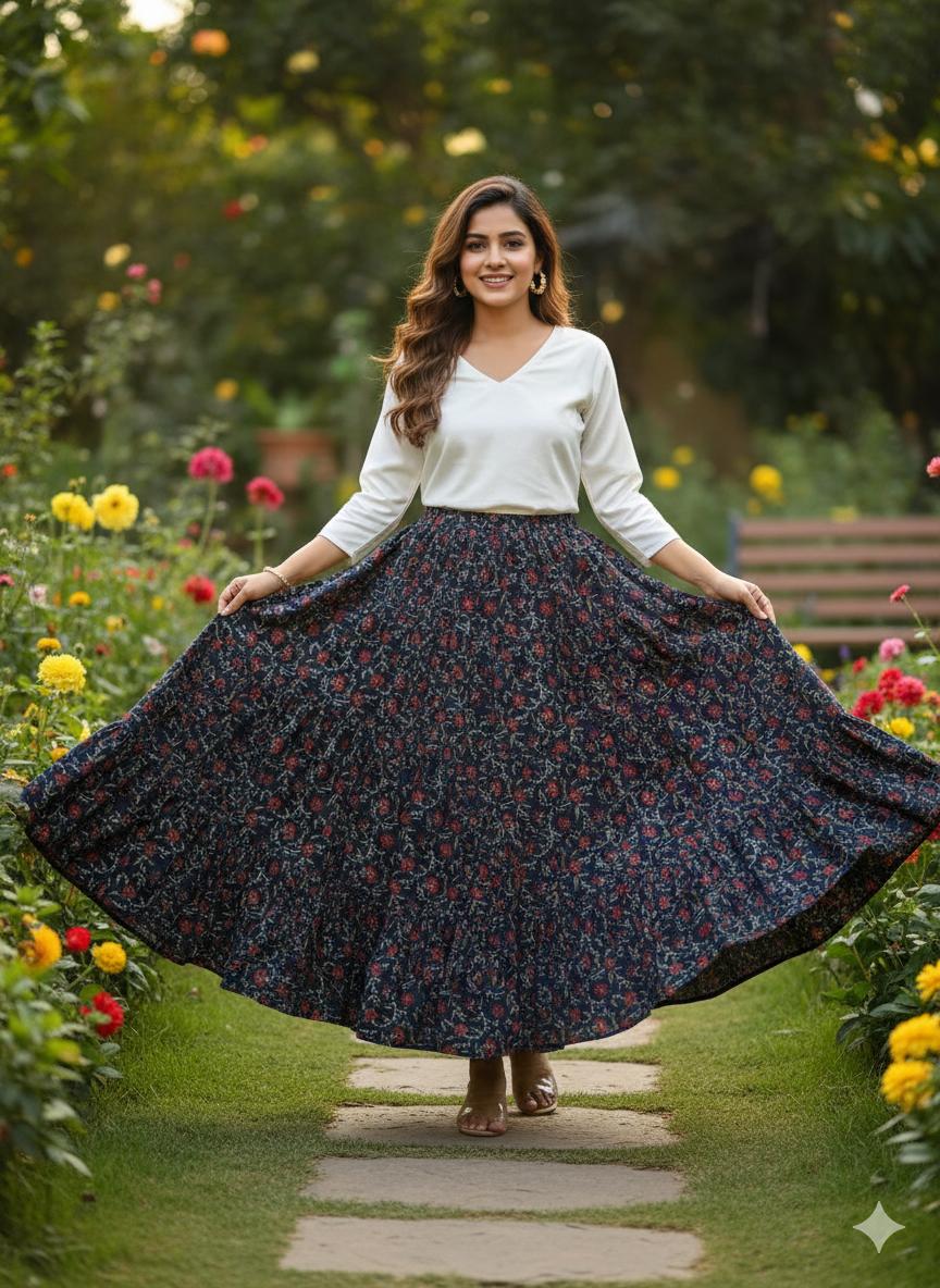 Tiered Cotton Blue Khanak Indian Skirt