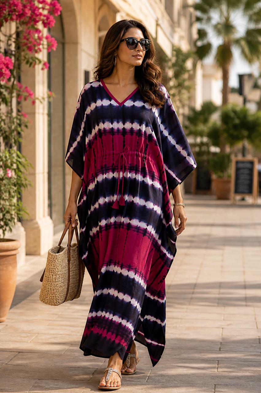 Block Print Fuchsia Navy Blue karishma Cotton Kaftan