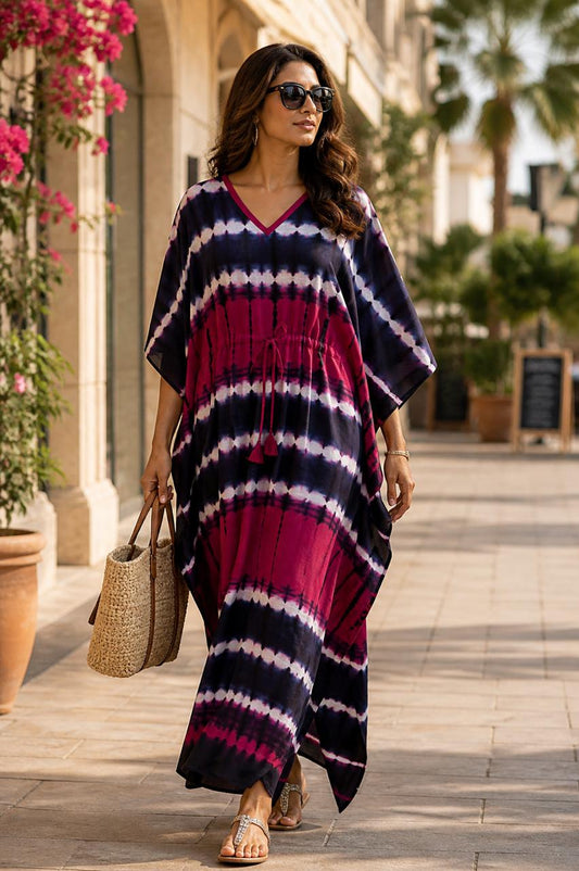 Block Print Fuchsia Navy Blue karishma Cotton Kaftan