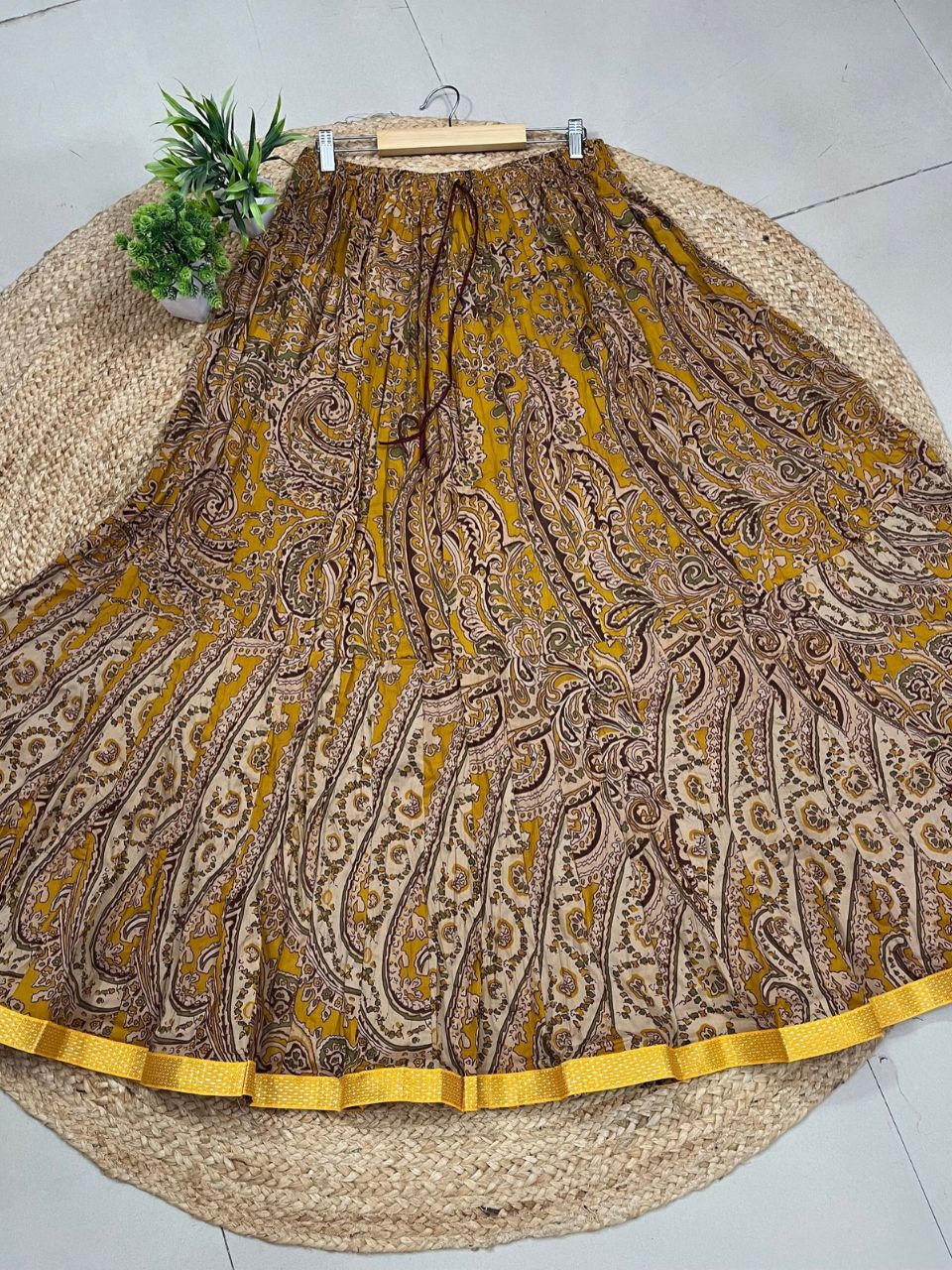 Jaipuri Paisely Print Cotton Yellow Diya Indian Skirt
