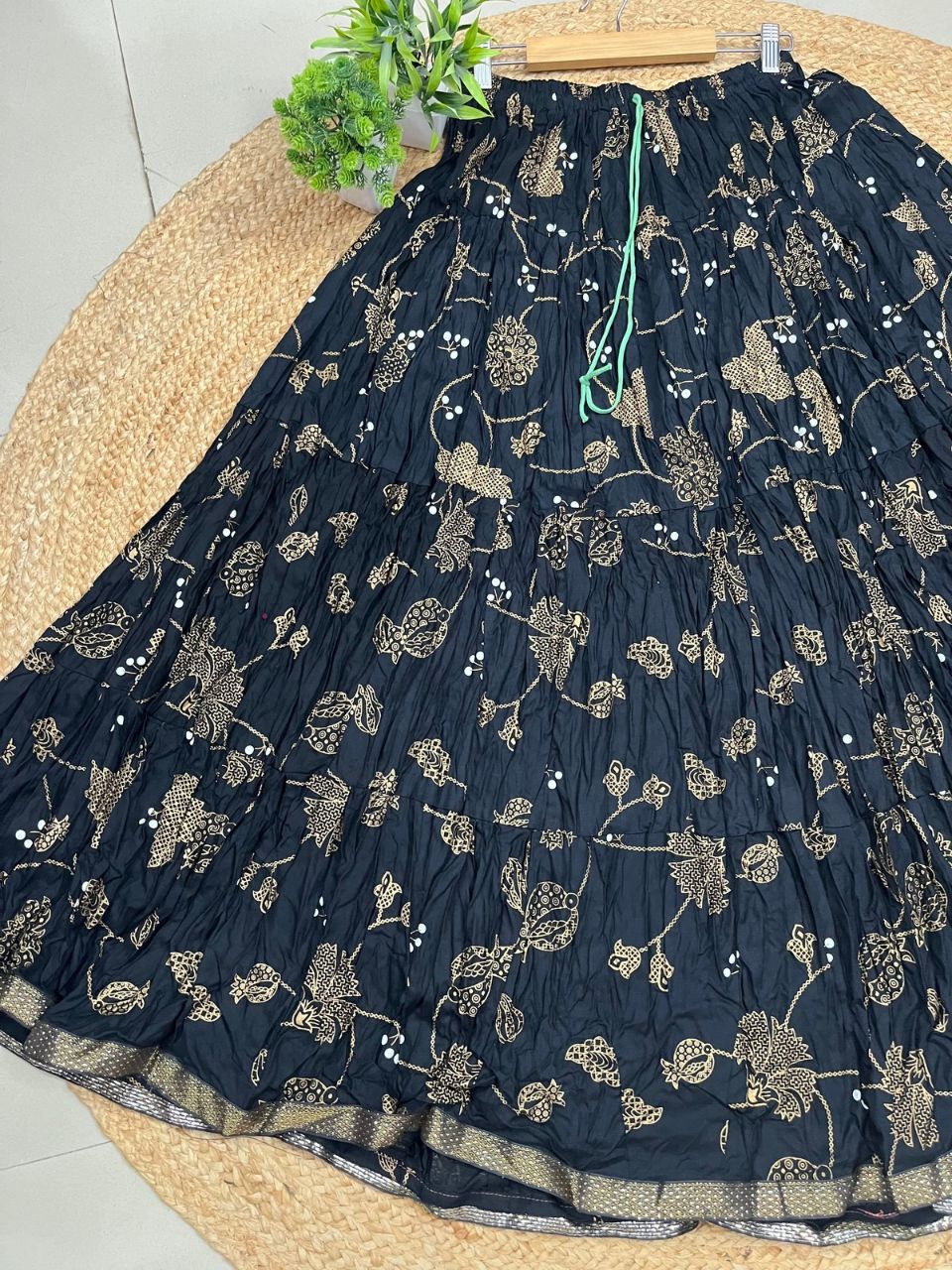 Casual Cotton Printed Black Kaju Indian Skirt