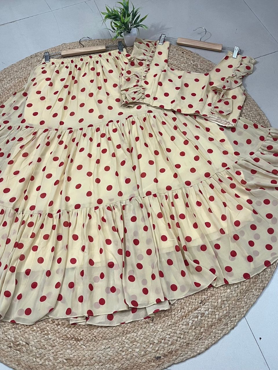 Polka Dots Georgette Sanvi Cream Skirt Set