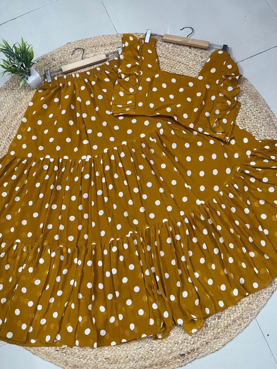 Polka Dots Georgette Saavi Mustard Yellow Skirt Set