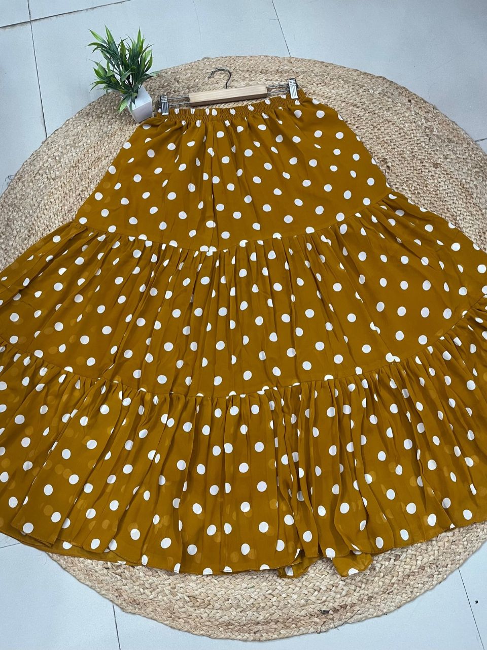 Polka Dots Georgette Saavi Mustard Yellow Skirt Set
