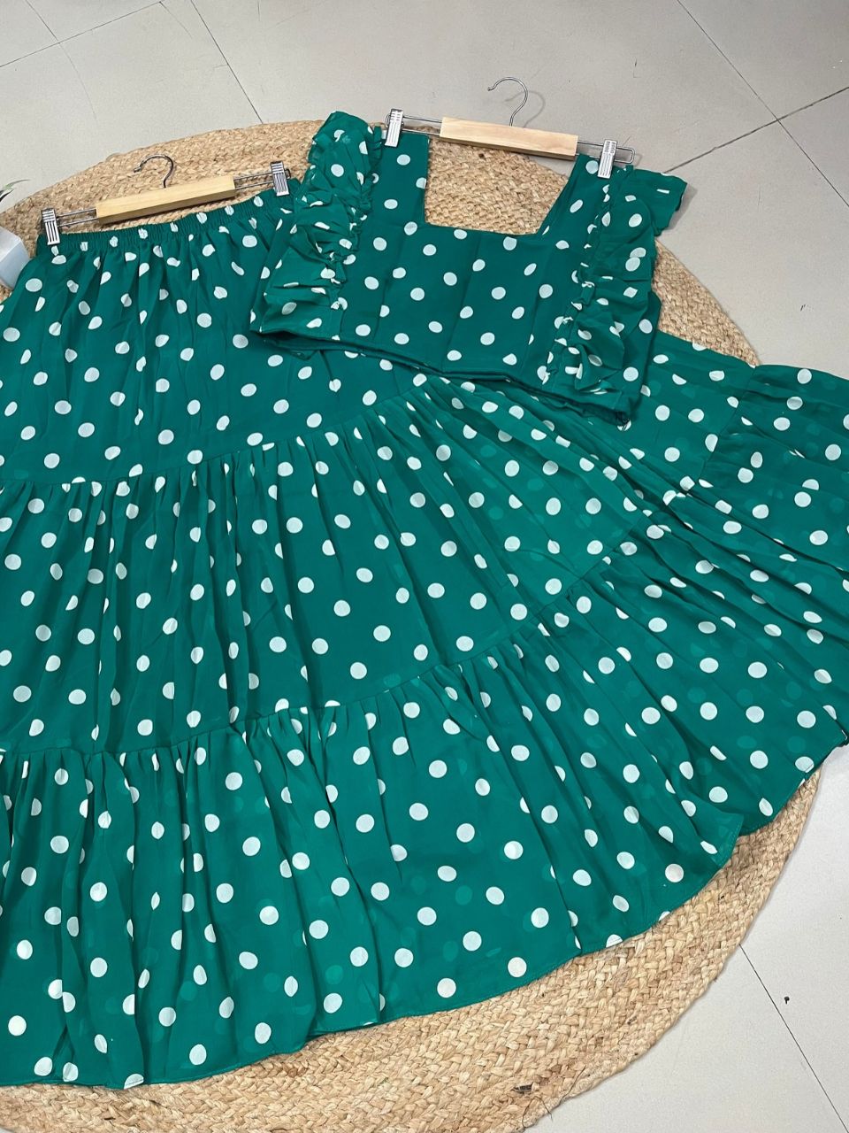 Polka Dots Georgette Manvi Green Skirt Set