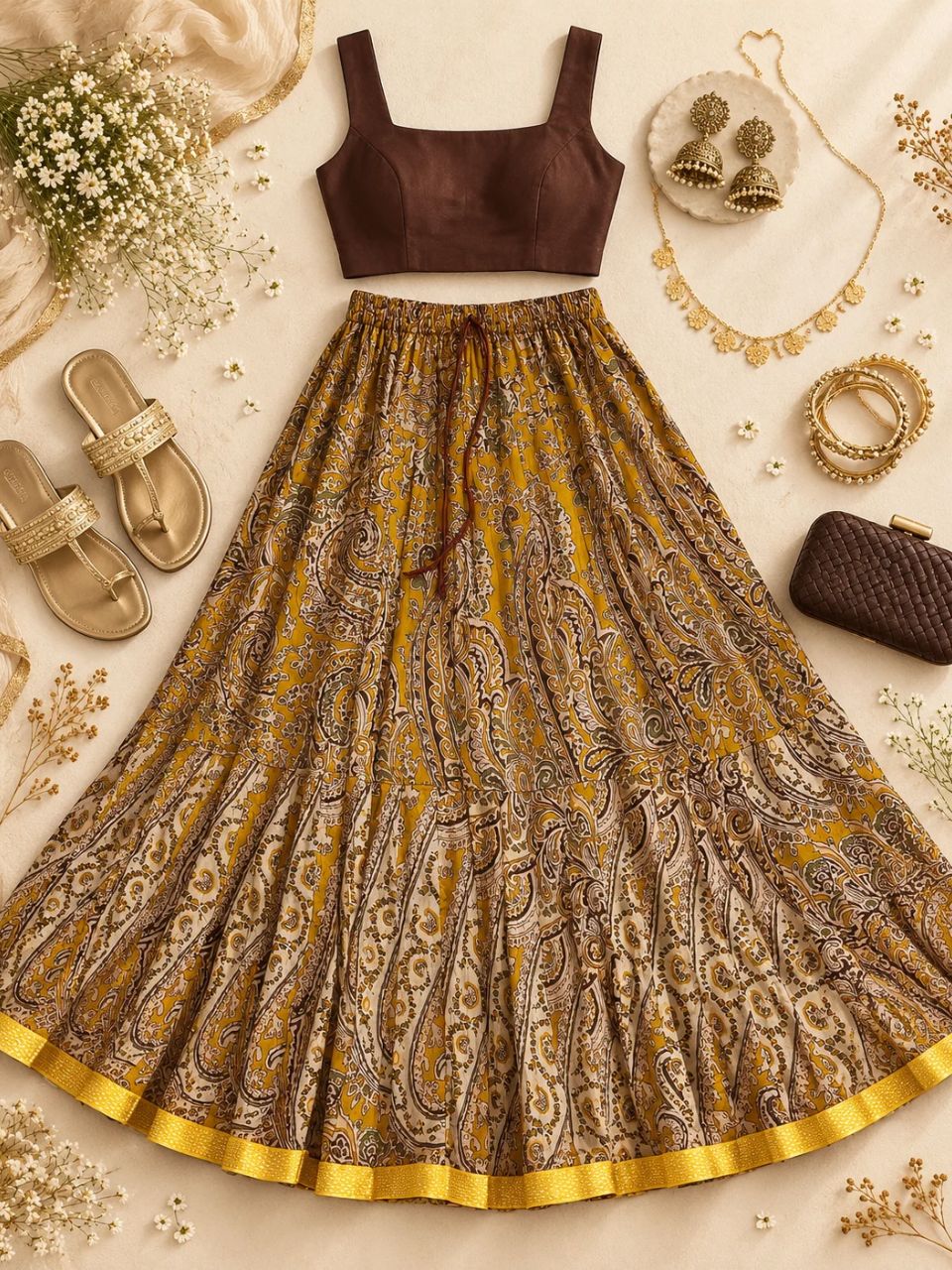 Jaipuri Paisely Print Cotton Yellow Diya Indian Skirt