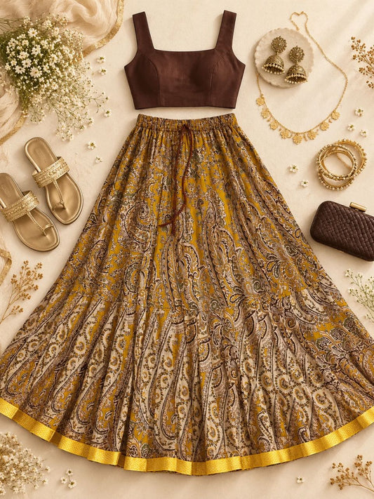 Jaipuri Paisely Print Cotton Yellow Diya Indian Skirt