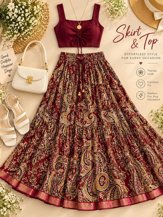 Jaipuri Paisely Print Cotton Maroon Maya Indian Skirt
