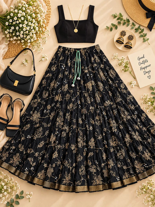 Casual Cotton Printed Black Kaju Indian Skirt