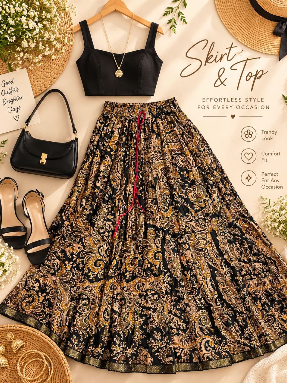 Jaipuri Paisely Print Cotton Black Richi Indian Skirt