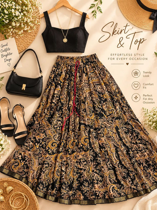 Jaipuri Paisely Print Cotton Black Richi Indian Skirt