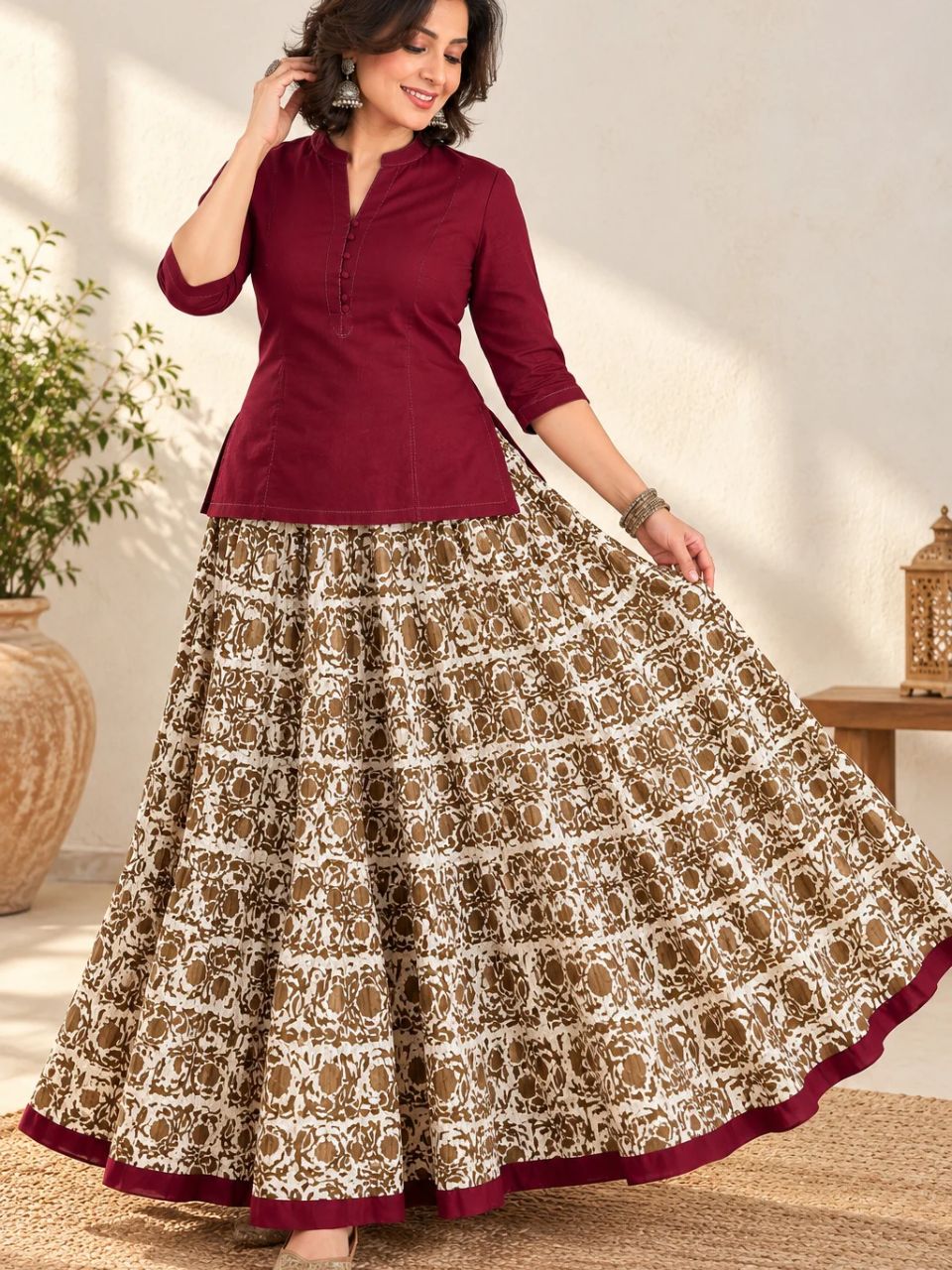 Casual Cotton Printed cream Chavi Indian Skirt