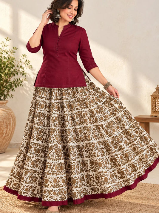 Casual Cotton Printed cream Chavi Indian Skirt