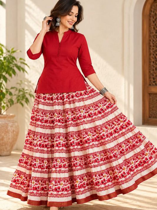Casual Cotton Printed Red Rati Indian Skirt