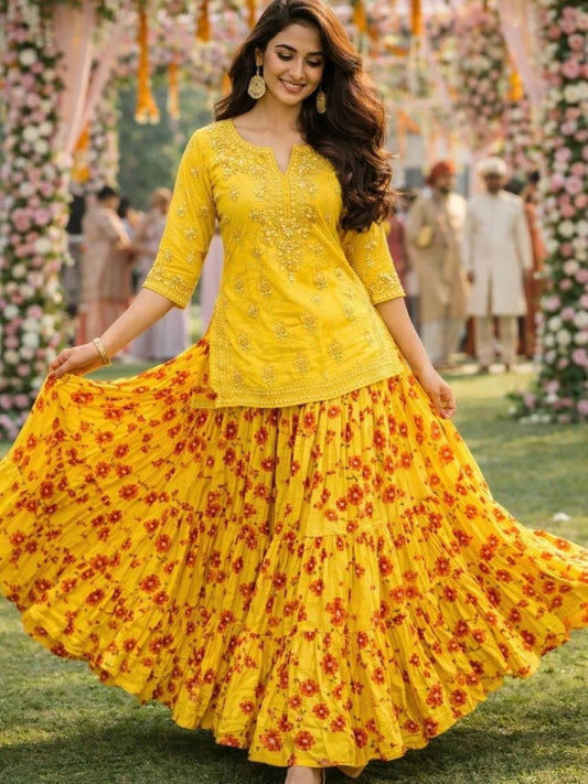 Flared Tiered Yellow Urmi Muslin Indian Skirt