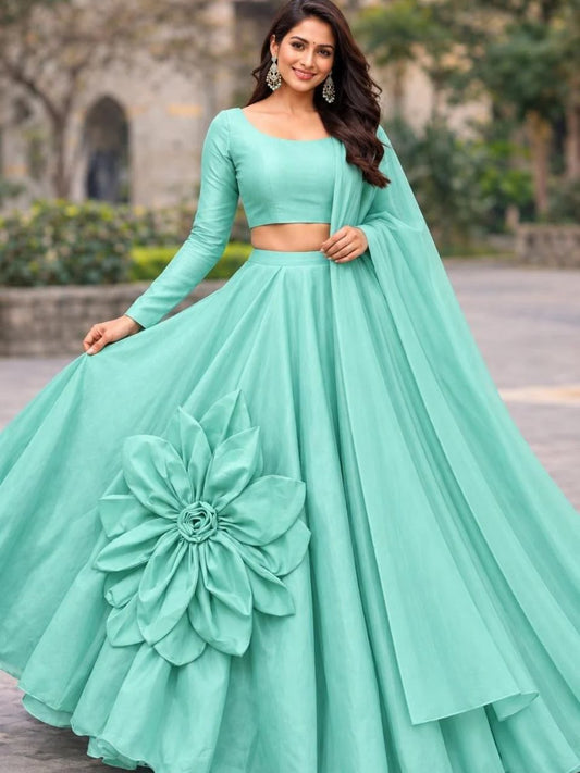 Chanderi Silk Turquoise Rashi Festive Lehenga