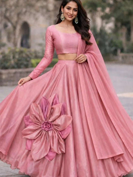 Chanderi Silk Pink Tashi Festive Lehenga
