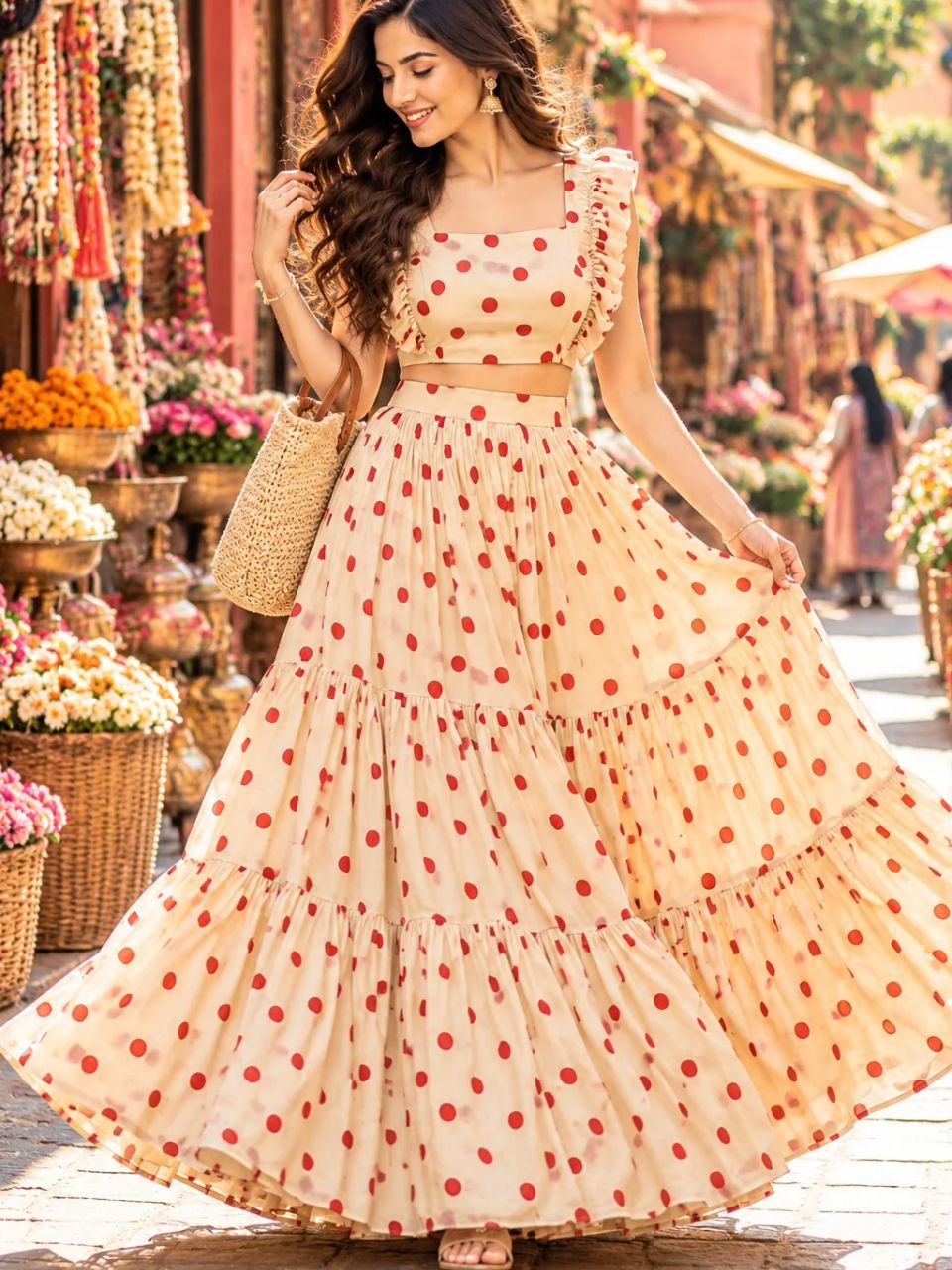 Polka Dots Georgette Sanvi Cream Skirt Set