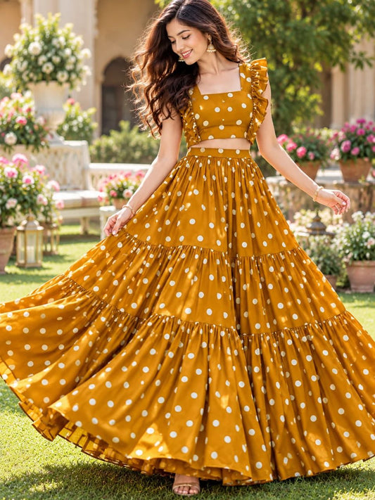 Polka Dots Georgette Saavi Mustard Yellow Skirt Set