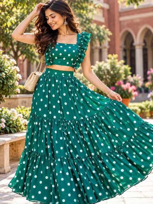 Polka Dots Georgette Manvi Green Skirt Set