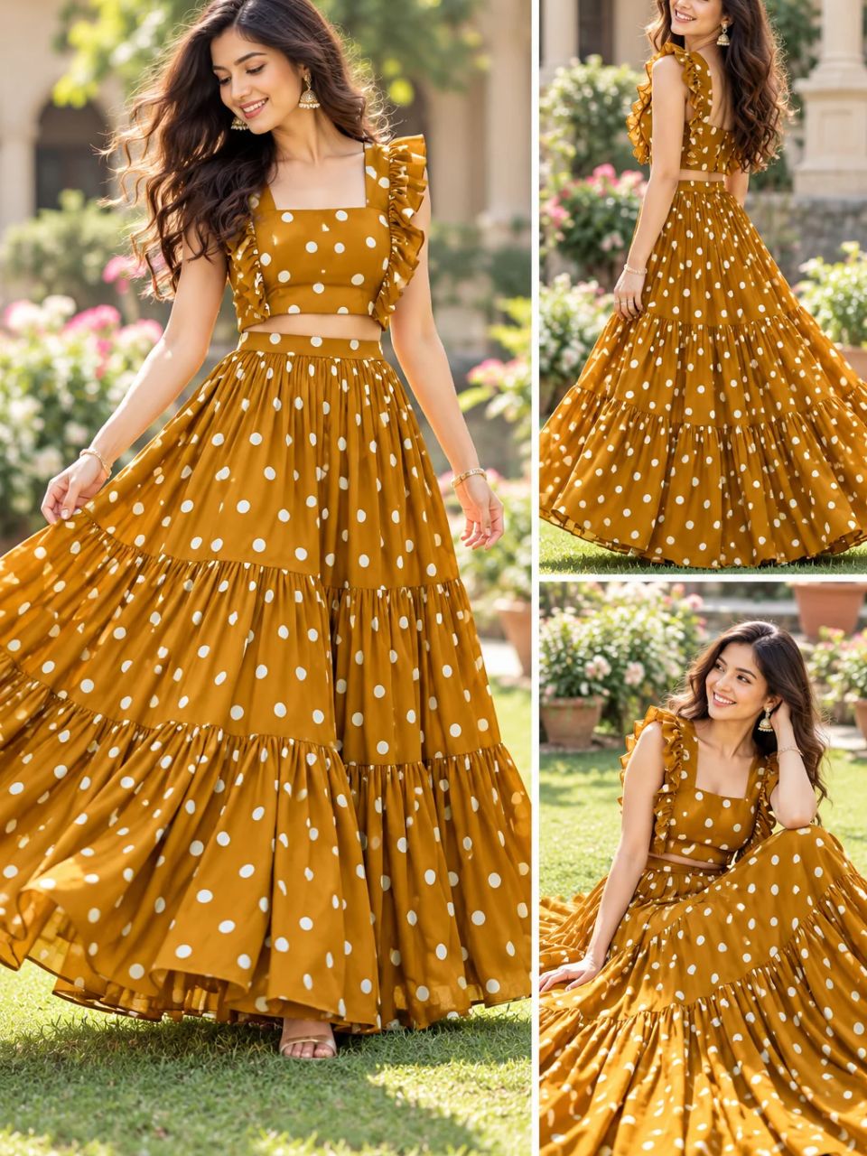 Polka Dots Georgette Saavi Mustard Yellow Skirt Set