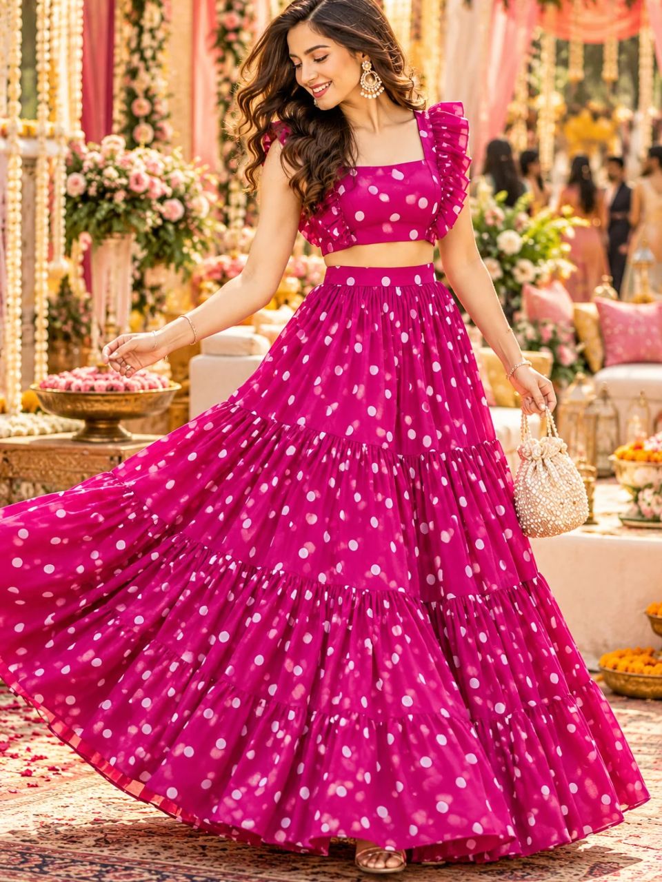 Polka Dots Georgette Vaibhavi Fuchsia Skirt Set