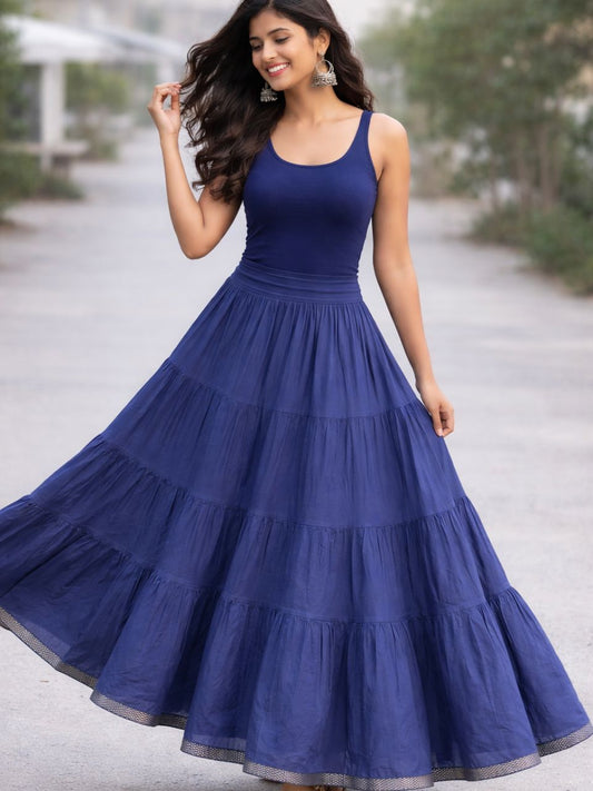 Tiered Cotton Navy Blue Plain Pallavi Indian Skirt