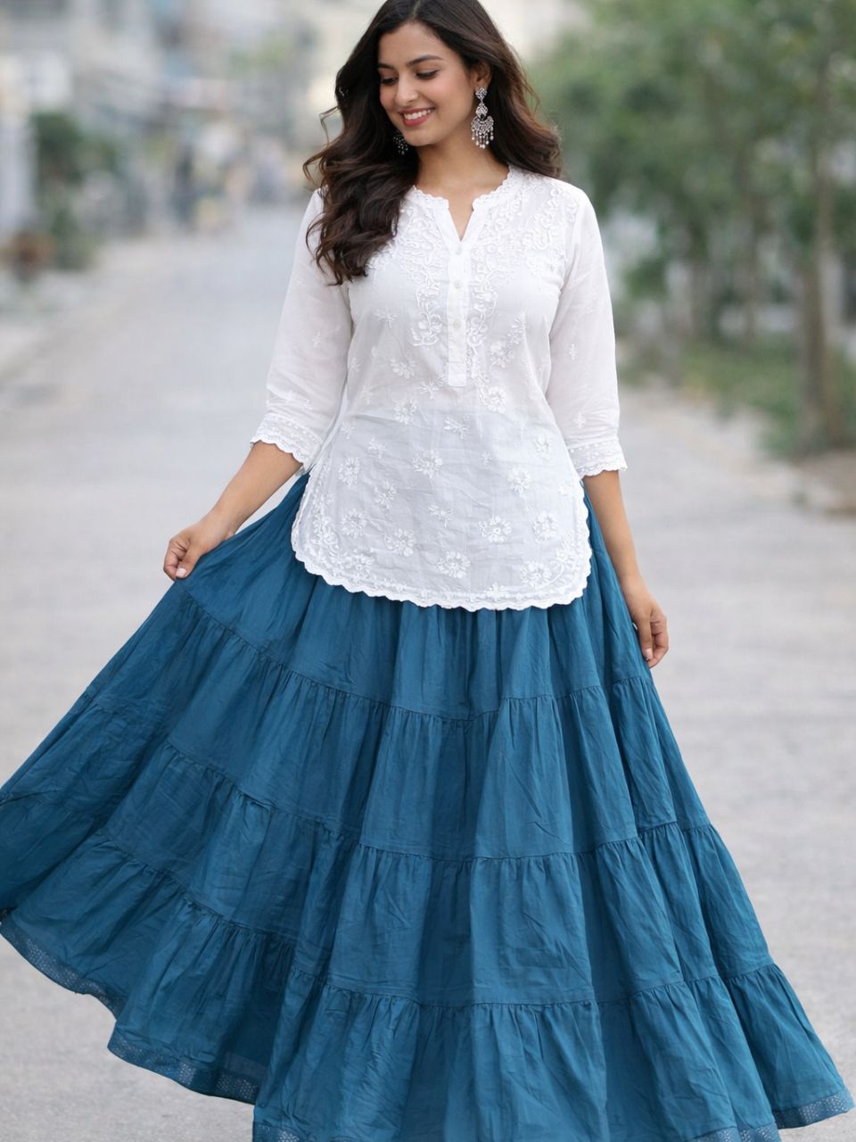 Tiered Cotton Teal Plain Harsha Indian Skirt