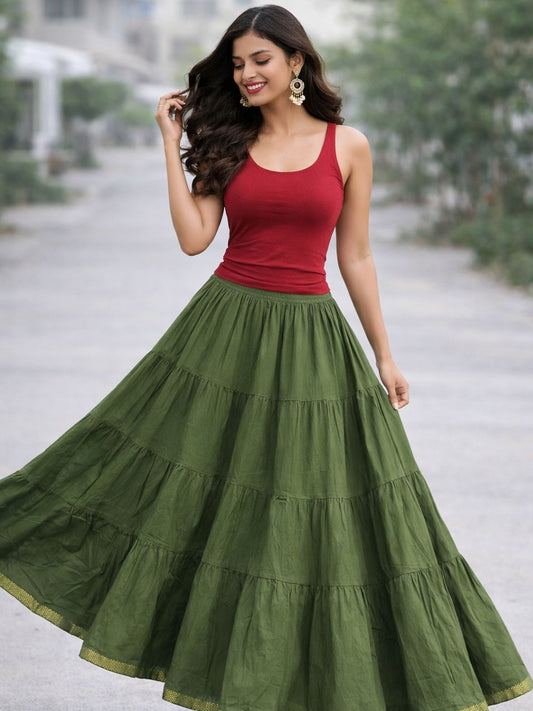 Tiered Cotton Green Plain Reeti Indian Skirt