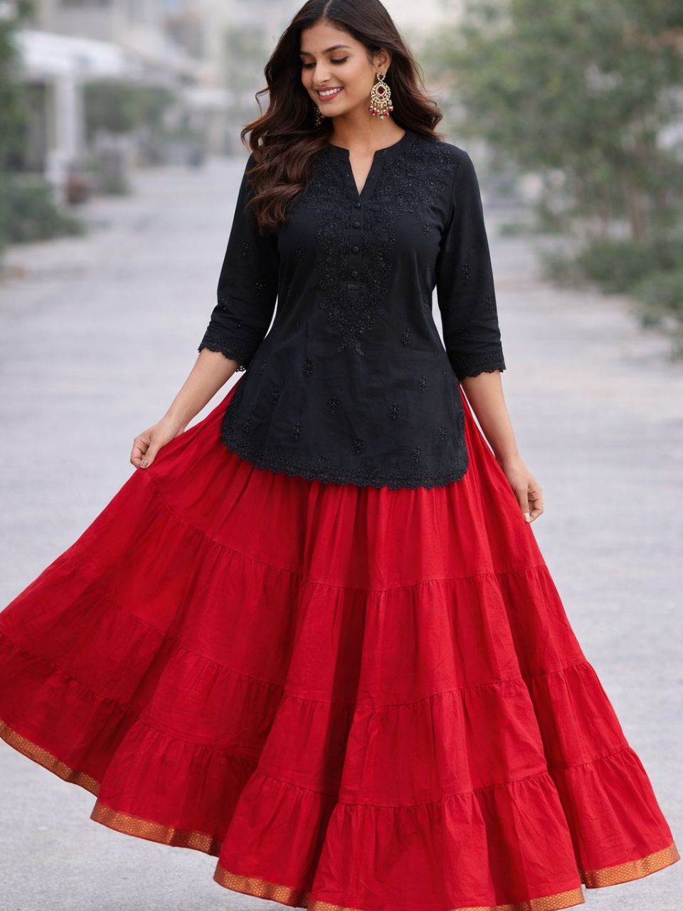 Tiered Cotton Red Plain Piya Indian Skirt