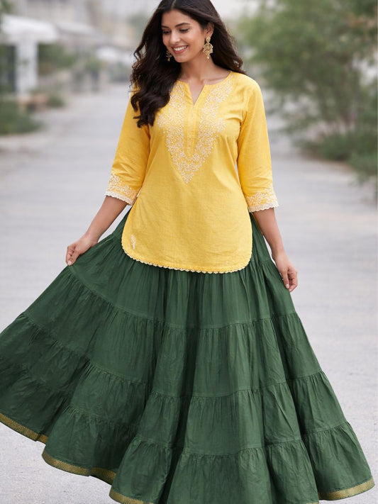 Tiered Cotton Green Plain Reeti Indian Skirt