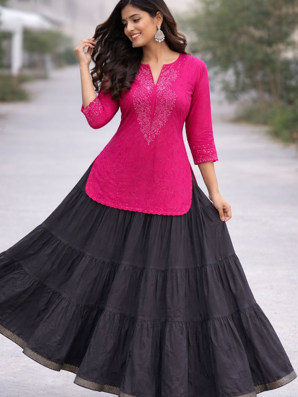 Tiered Cotton Black Plain Khushi Indian Skirt
