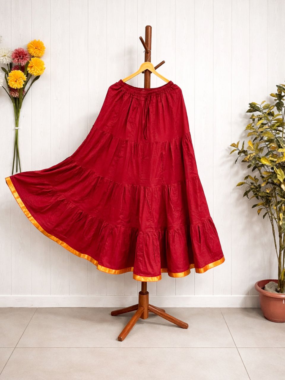 Tiered Cotton Red Plain Piya Indian Skirt