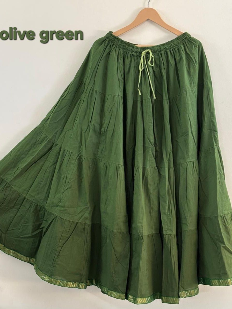 Tiered Cotton Green Plain Reeti Indian Skirt