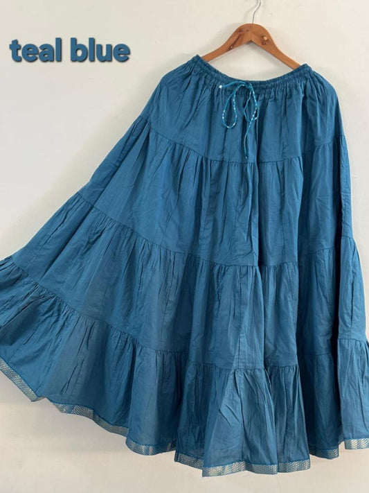 Tiered Cotton Teal Plain Harsha Indian Skirt