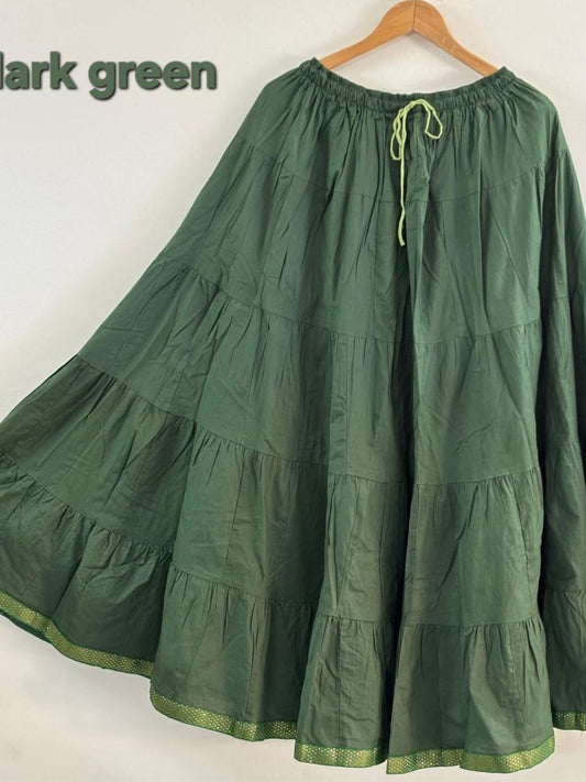 Tiered Cotton Green Plain Reeti Indian Skirt