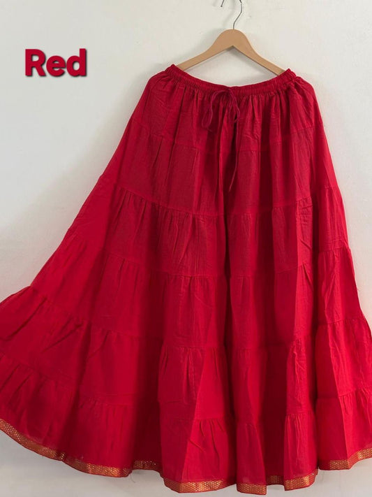 Tiered Cotton Red Plain Piya Indian Skirt
