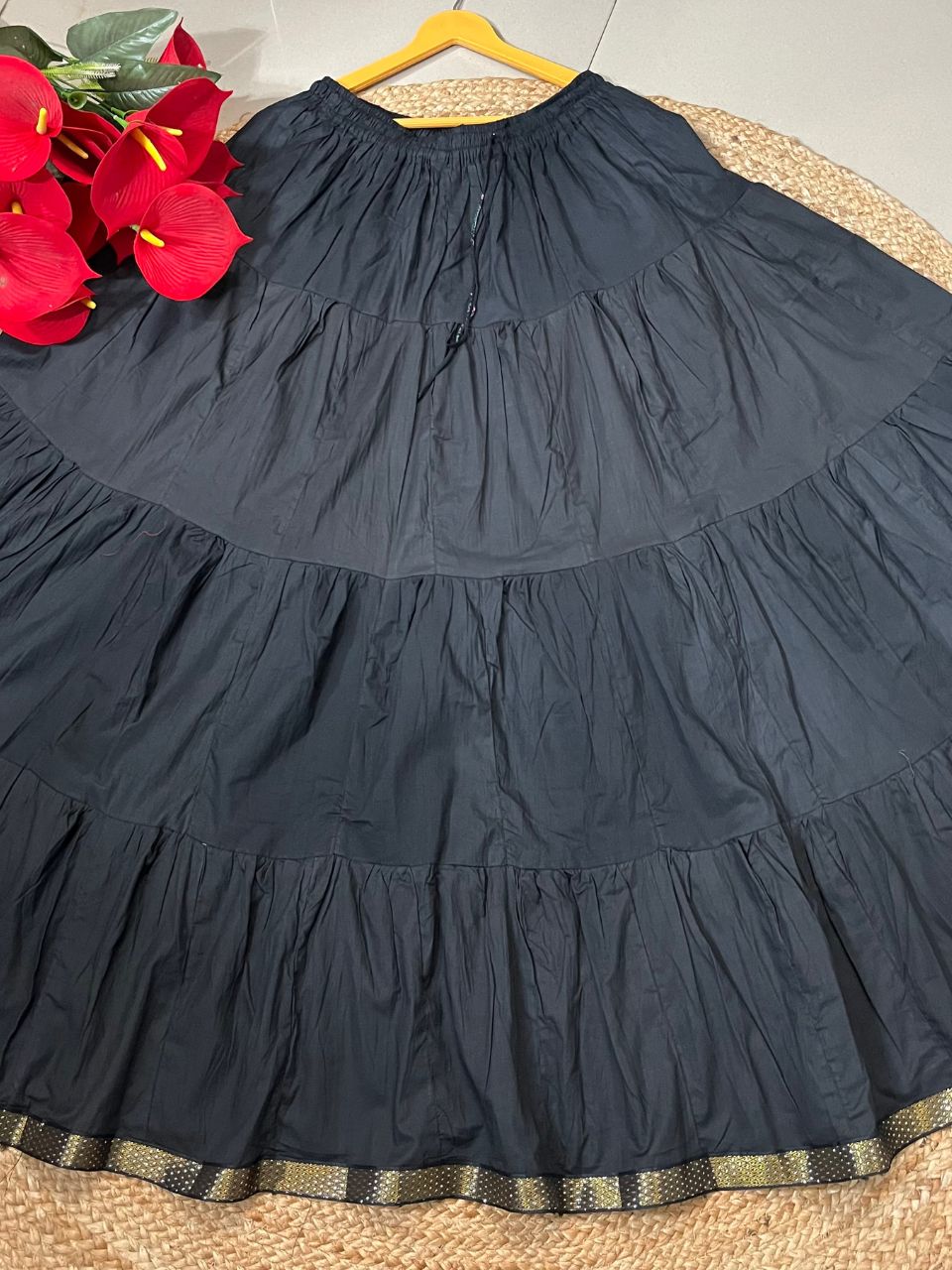 Tiered Cotton Black Plain Khushi Indian Skirt