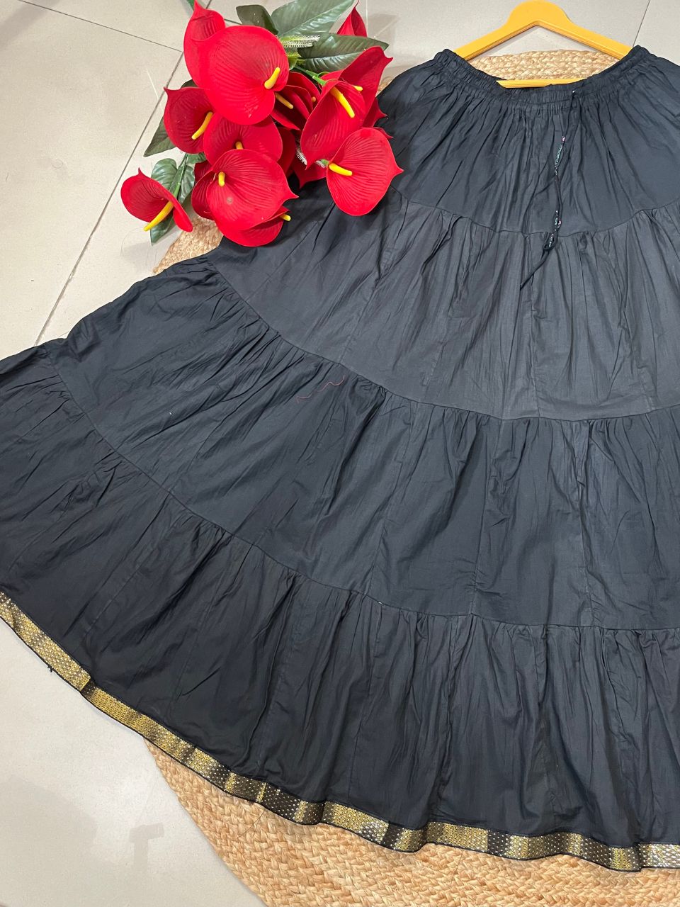 Tiered Cotton Black Plain Khushi Indian Skirt