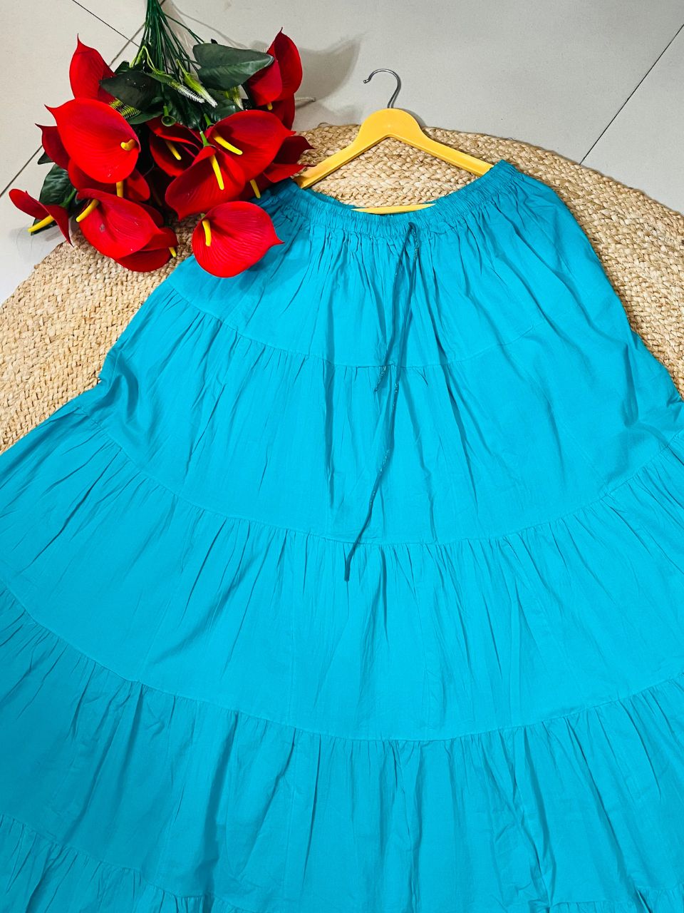 Tiered Cotton Turquoise Plain Taru Indian Skirt