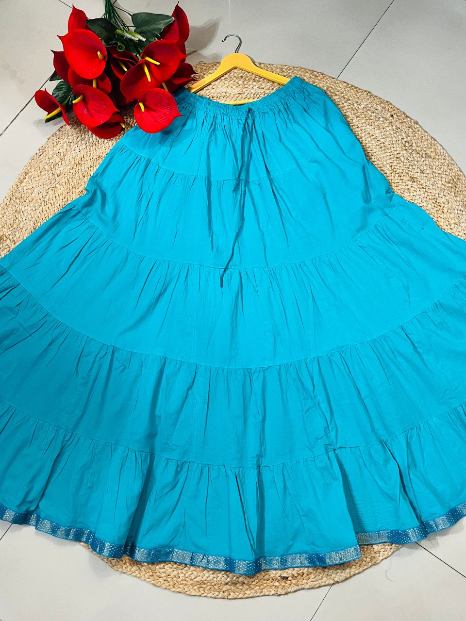 Tiered Cotton Turquoise Plain Taru Indian Skirt