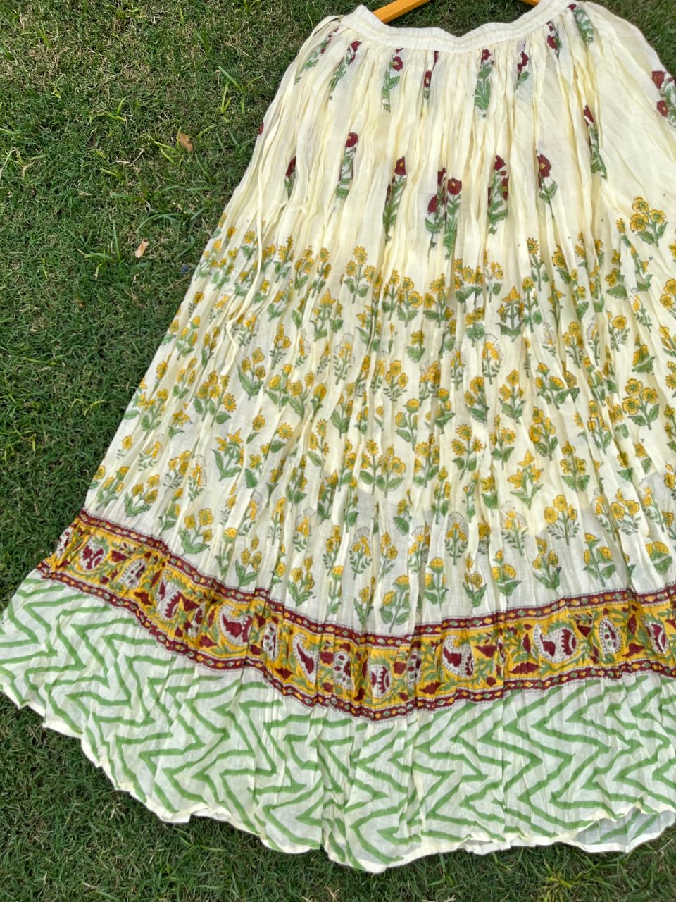 Mulmul Block Print Pastel Yellow Diya Indian Skirt