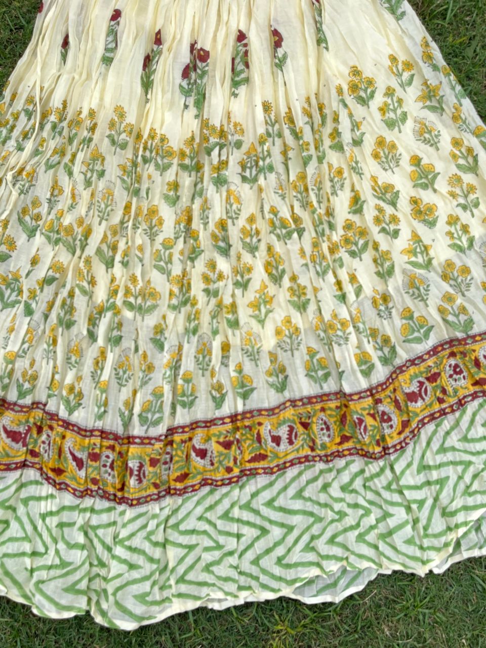 Mulmul Block Print Pastel Yellow Diya Indian Skirt