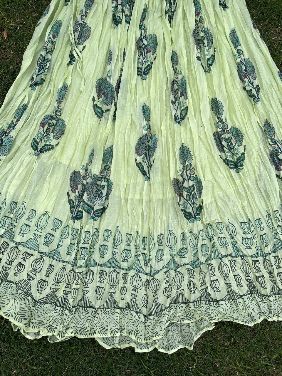 Mulmul Block Print Pastel Green Bhavya Indian Skirt