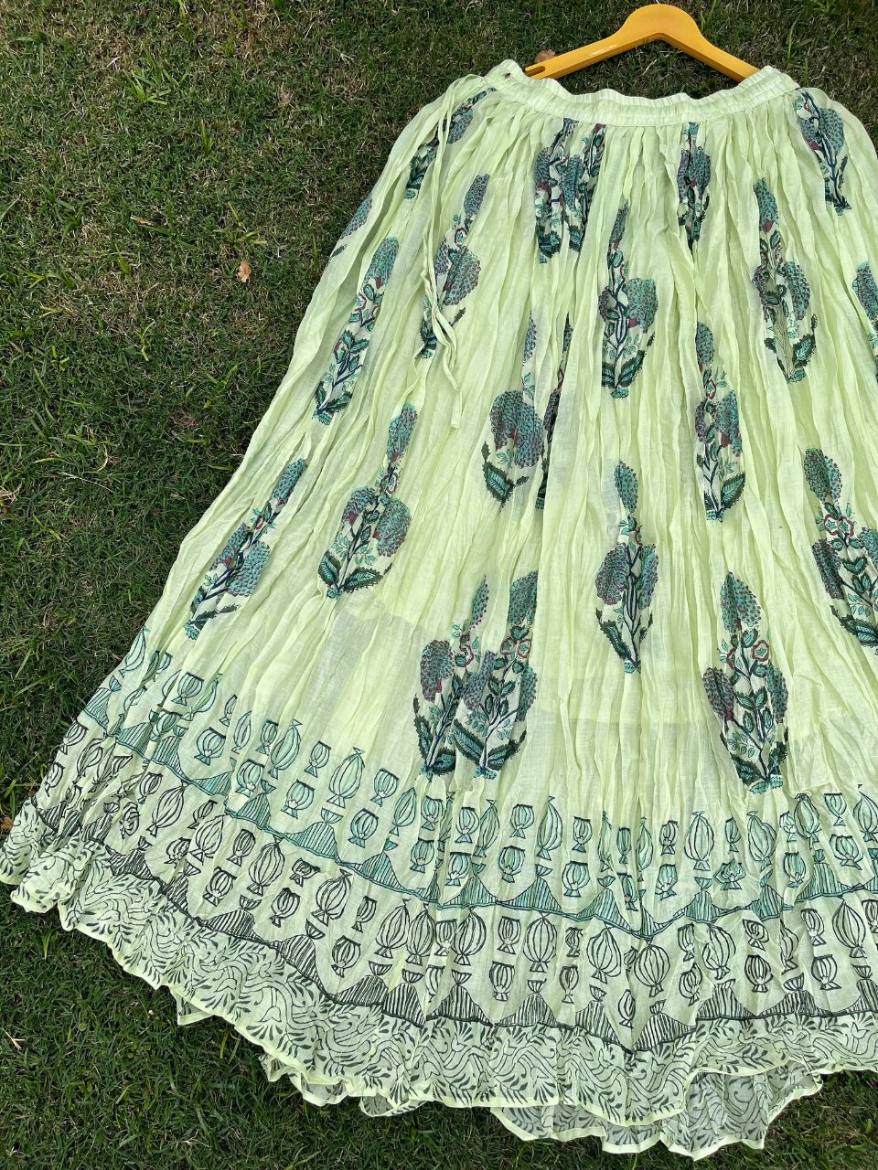 Mulmul Block Print Pastel Green Bhavya Indian Skirt