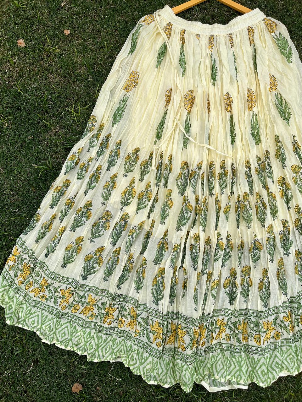 Mulmul Block Print Pastel Yellow Janvi Indian Skirt