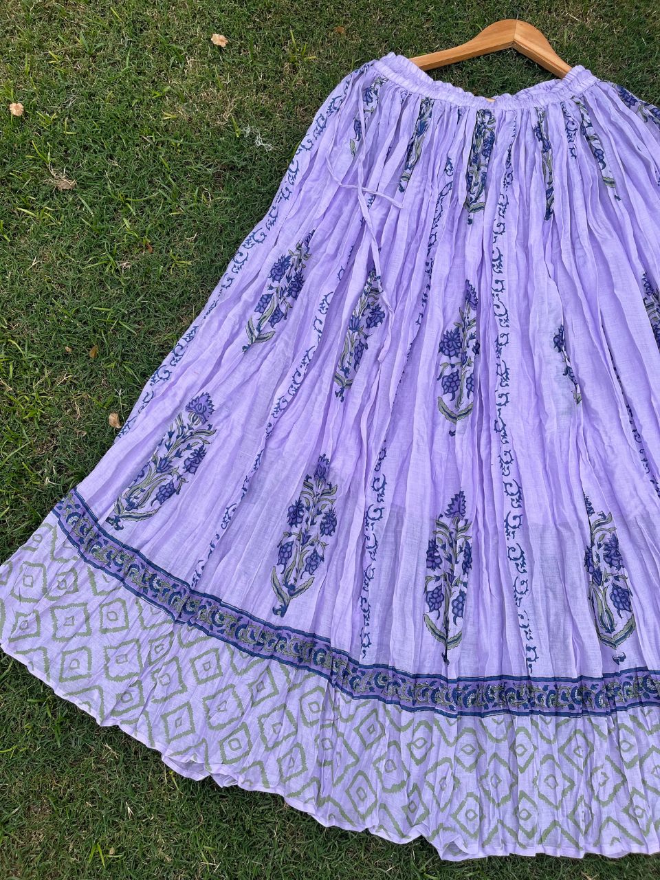 Mulmul Block Print Pastel Purple Champa Indian Skirt