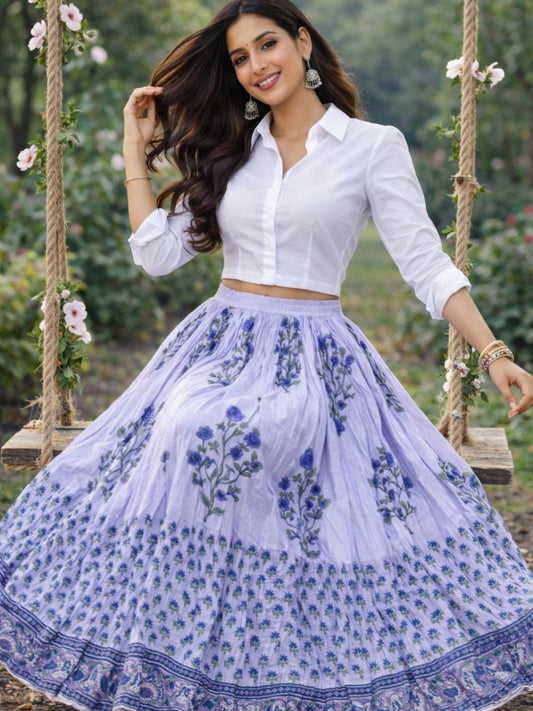 Mulmul Block Print Pastel Purple Urvi Indian Skirt