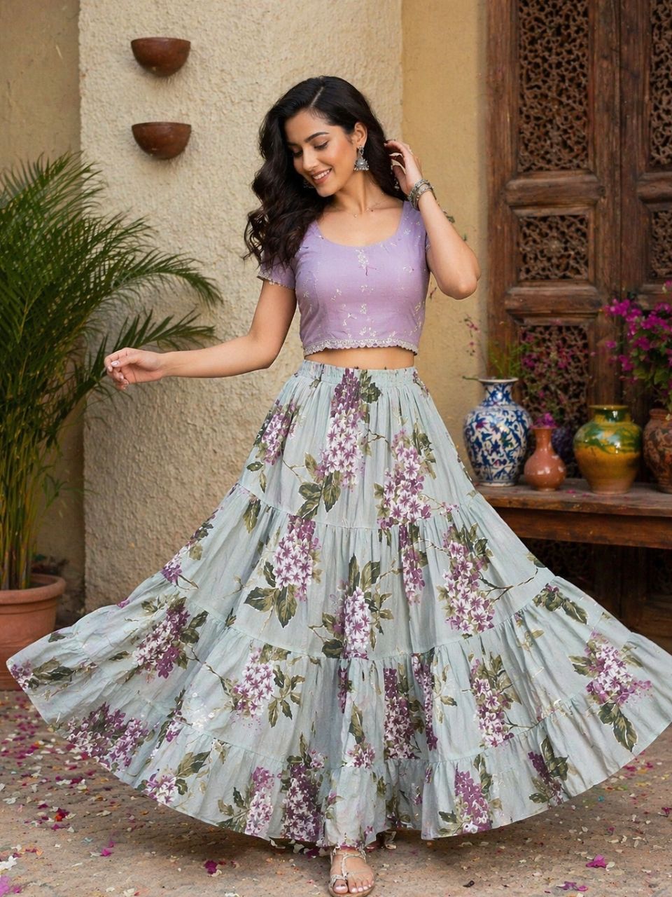 Tiered Cotton Dusty Green Shubha Indian Skirt